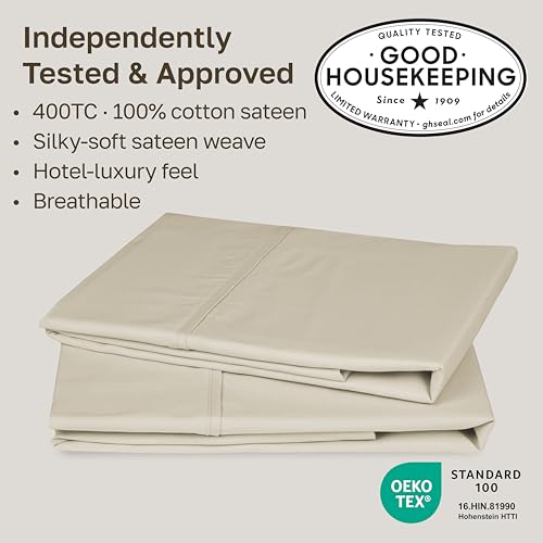 Image of California Design Den Cotton King Pillowcase Set - 400 Thread Count, 100% Cotton Pillowcases, Set of 2 Pillow Covers, Soft and Breathable - Beige