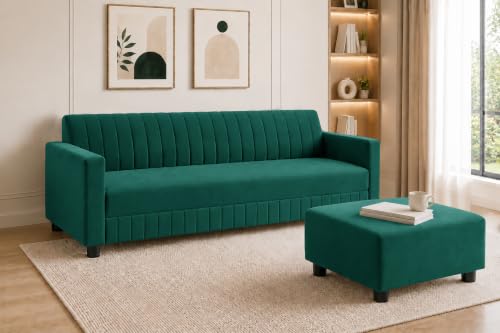 Image of Modern 3-Seater Velvet Sofa with Ottoman | Vertical Channel Tufted Backrest | Plush Cushioned Seating | Stylish Contemporary Sofa for Living Room, Bedroom & Office | Green