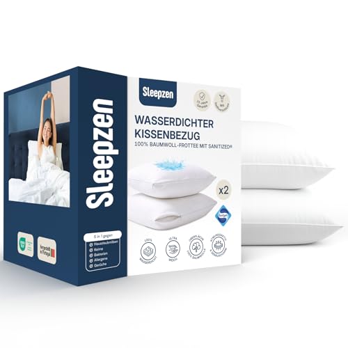 SLEEPZEN Kissenbezug 40 x 70 cm Wasserdicht (2er-Set), Atmungsaktiver, Weicher und Geräuscharmer Kissenbezug, Hochwertige Qualität, Oeko-Tex®-Zertifiziert, Baumwolle, Reißverschluss, Hypoallergen