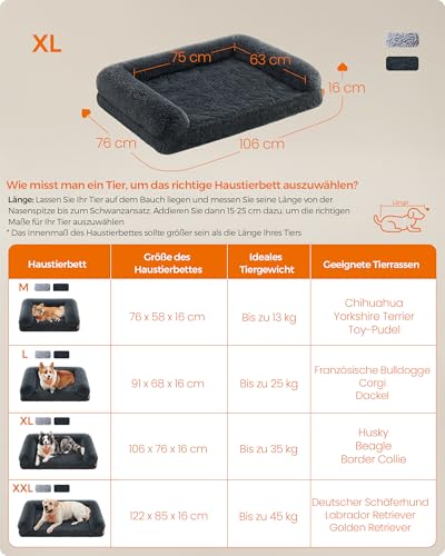 Feandrea FluffyHug Hundebett, Hundekissen Größe XL, Hundematte für mittelgroße und große Hunde, Hundesofa Noppenschaumstoff, Bezug abnehmbar und waschbar, 106 x 76 x 16 cm, dunkelgrau PGW233G02V1
