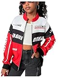 SOLY HUX Girl's Zip Up Bomber Jacket Y2k Long Sleeve Racing Motorcycle Outerwear Streetwear Red Multi 12Y