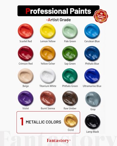 Image of Fantastory 36ml 18 Colors Professional Acrylic Paint Set with 10 Brushes | Designed for Demanding Projects on Canvas, Wood, Stone, and Model Building
