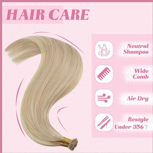 Image of YoungSee I Tip Extensions Blonde Itip Hair Extension Real Human Hair Ash Blonde Highlight Bleach Blond Itip Hair Extension 16 Inch 60s 50g I-Tips Human Hair for Women