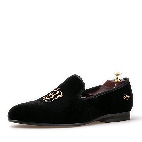 HI&HANN Black Men's Shoes Gold Embroidery Slip-on Loafer Round Toes Smoking Slipper-11.5-Black
