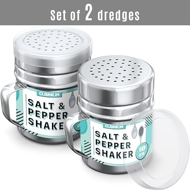 CUSINIUM 10oz Stainless Steel Salt Pepper Dredge Shakers - With Plastic Cap - With Handle - Pack of 2