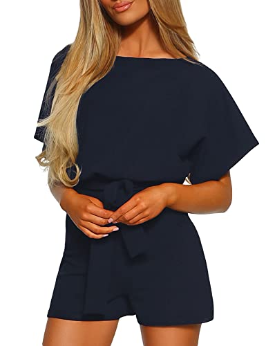 Yijiu Women's Summer Batwing Short Sleeve Rompers Crew Neck Casual Keyhole Back Short Belted Jumpsuit Playsuit,Navy Blue,L #TOP4