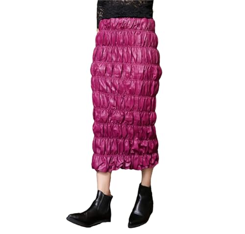 Faldas de media pantorrilla para mujer, falda plisada de piel de oveja elástica de cintura alta para otoño e invierno, morado, vintage, XXXL