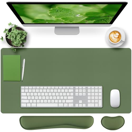 Image of Bloss Keyboard Wrist Rest + Mouse Wrist Rest + Leather Desk Mat, Non-Slip Desk Mat Protector for Office, Home(31.5x15.7 Inches,Olive Green)
