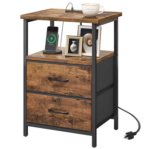 Image of Fixwal Rustic Brown Night Stand with Charger Station, Nightstand with Charging Station & Fabric Drawers