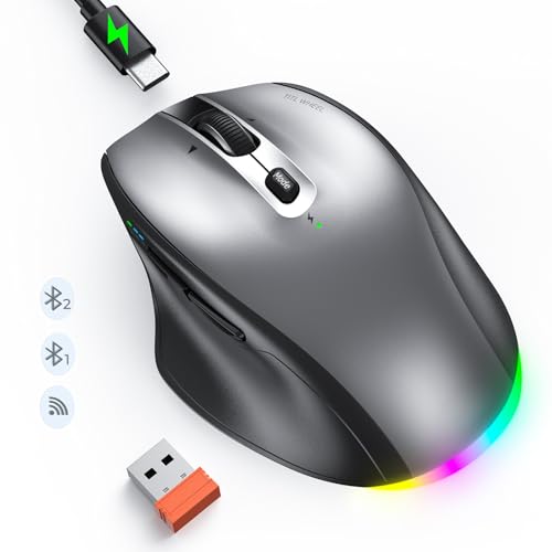 Wireless Bluetooth Mouse for Laptop, LED Rechargeable Mouse with Tilt Wheel, Ergonomic Wireless Mice for Multi Device 2.4G +BT1+BT2, Bluetooth Computer Mice for Laptop PC Computer Tablet Smartphone