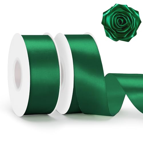 KINGLAKE Forest Green Satin Ribbon 1-1/2 Inch x 2 Rolls Emerald Green Ribbon 100 Yds Hunter Green Ribbons for Gift Wrapping Roses Making Crafts Bouquets Wreath Bows Wedding Birthday Christmas Decor