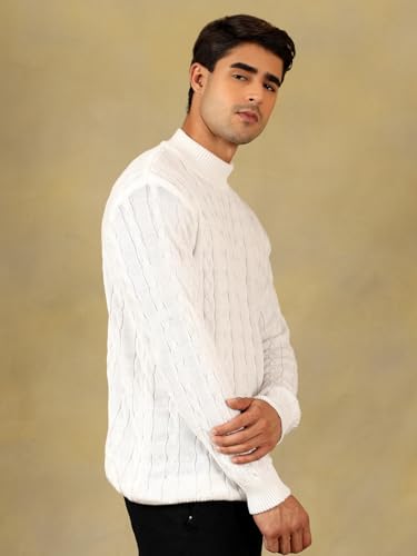 Image of Kvetoo Men's High Neck Cable Knit Sweater | Winter Pullover | Warm Wool Blend |Casual Full Sleeve Sweater for Men | Stylish Ribbed Neck Slim Fit Winterwear
