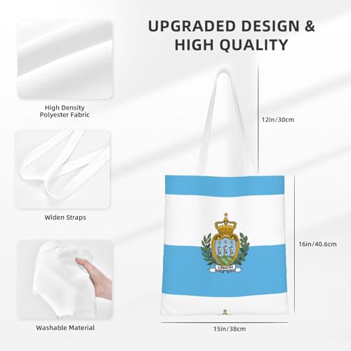 Flag Of San Marino Print Reusable Canvas Tote, Shopping Bag With Handles For Daily And Grocery Use4