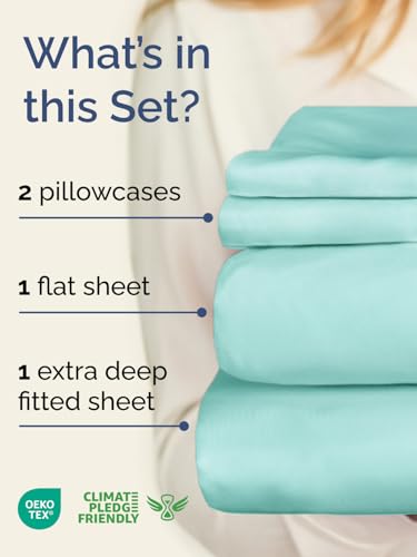 Image of Extra Deep Twin Sheet Set - 4 Piece Breathable & Cooling Sheets - Spa Blue | Hotel Luxury Bed Sheets Set, Easy & Secure Fit, Ultra-Soft, Wrinkle & Fade Free, Comfy Sheets Set with Extra Deep Pockets