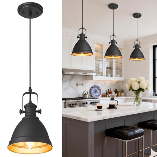 Image of 8 inch Black Pendant Light for Kitchen Island, Metal Shade