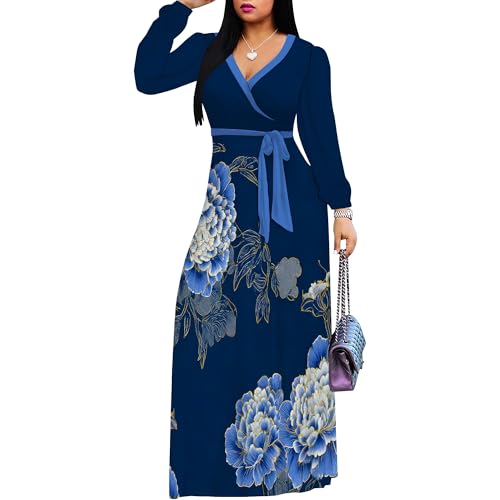 Image of PinkPatty Women's Long Sleeve Maxi Dress Plus Size Casual V Neck Wrap Dress with Pockets&Belt