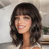 Nnzes Wig with Bangs for Women Shoulder Length Bob Wavy Women's Charming Synthetic Brown mixed Blonde Highlight Wigs with Natural Curly Heat Resistant Hair for Daily Party Use