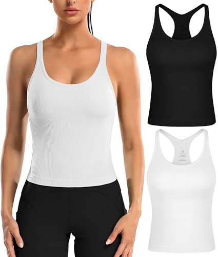 ATTRACO Womens Workout Tops Seamless Scoop Neck Padded Sports Bra Tank Top White 2 Pack S