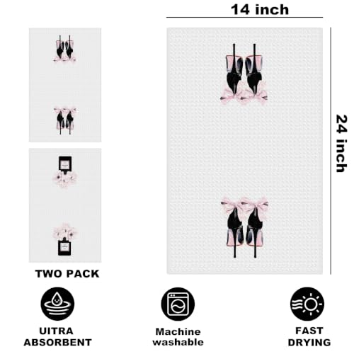 Image of 2 Pcs Pink Hand Towels, Perfume High Heeled Shoes Reusable Dish Towels | Fashion Gifts for Women Mom Girls Friend, Waffle Weave Microfiber Towels for Bathroom Home Decor 24x14 Inch