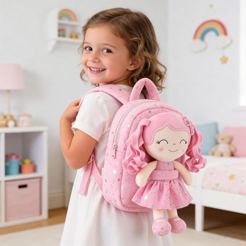 Image of Gloveleya Kids Backpack Toddler Girl Gift Plush Curly Hair Doll Backpack with Glittery Pink Dress and Star Accents 9''