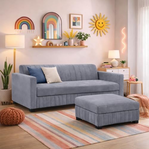 Image of FURNY Luxora 3 Seater Fabric Sofa Set with 1 Ottoman (Dark Grey) with Velvet Finish | Durable Comfort | Ideal for Living Room