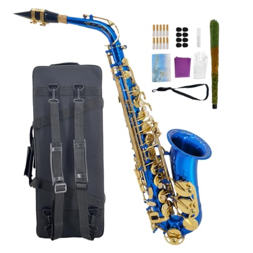 Image of Beginner Alto Saxophone, E Flat - Complete Starter Kit with Case & 10 Reeds, for Adults & Students, Easy to Play for School Band & Practice (Blue)