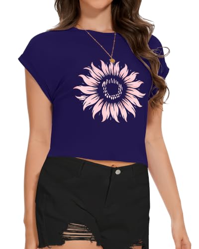 Image of Womens Crop Tops Summer Roll Cap Sleeve Cropped Tshirt Loose Fit Basic Tees