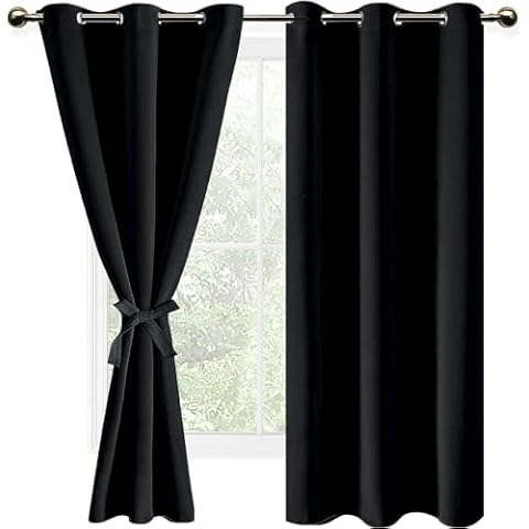 DWCN Black Blackout Curtains for Bedroom Sewn with Tiebacks - Thermal Insulated Light Blocking Grommet Window Curtains for Living Room, 42 x 63 inch Length, Set of 2 Drape Panels Cover
