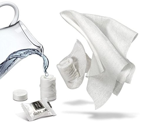 Nabila K Compact Hand Towels - Dehydrated & Compressed Easy to Pack Towels for On the Go Spot Cleaning - Soft Plant-Derived Material - Expands to Size of Dishcloth - 12 Individually Wrapped Towels