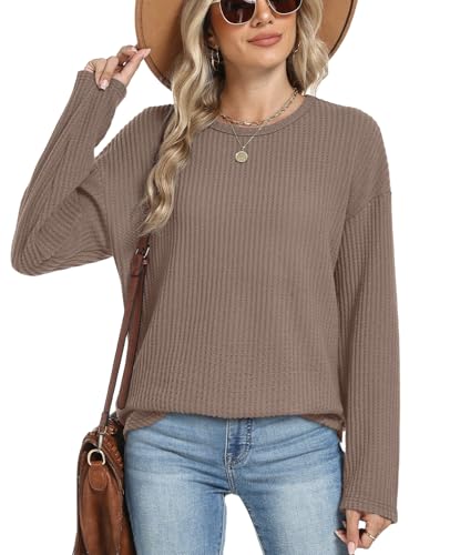 XIEERDUO Women Tunic Tops Dressy Casual Long Sleeve Shirts Fall Trendy Waffle Knit Crewneck Curved Hem Fashion Clothing 20253