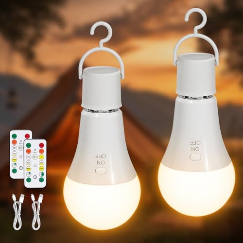 Kimjo Wiederaufladbare Glühbirne mit Batterie - Aufladbare Glühbirne mit Fernbedienung E27 7W - Camping Lampe USB 3 Farben Dimmbare - Tastensteuerung Outdoor Notlicht 2 Stück