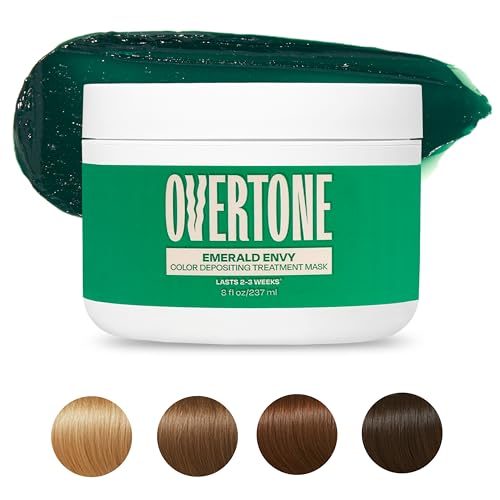 Image of OVERTONE Color Depositing Treatment Hair Mask, Emerald Envy, 8 oz | Semi Permenant & Nourishing Coloring Conditioner for All Hair Types, Contains Shea Butter & Coconut Oil, Vegan & Cruelty-Free