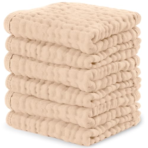 Image of Comfy Cubs Muslin Baby Washcloths 6 Pack - Soft 6-Layer Cotton Wash Cloths for Sensitive Skin - 10 inchx10 inch Large, Gentle, Absorbent Infant Essentials for Newborn and Toddlers - Cream
