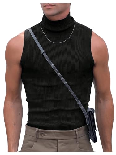 Floerns Men's Ribbed Knit Sleeveless T Shirt Mock Neck Solid Tank Top