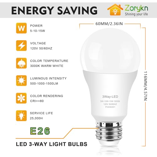 Zorykn 3 Way Light Bulbs 50 100 150 Warm White, A19 3000K, 5/10/15W Energy Saving 500 1000 1500 Lumens, E26 Base Led Bulbs Perfect For Reading thumb #1