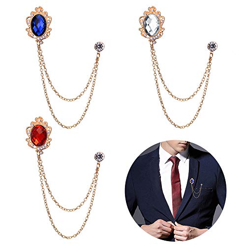 Huture 3 Packs Men's Gem Brooch Lapel Pin Badge Hanging Chains Collar Brooches Pin for Career Suit Tuxedo of Shirts Tie Hat Scarf for Boyfriend Father Birthday Gift, Gold White Red Blue