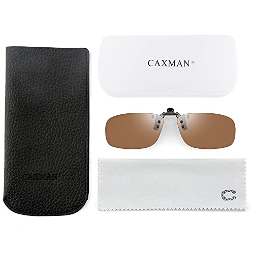 Image of CAXMAN Polarized Clip On Sunglasses Over Prescription Glasses or Reading Glasses for Men Women Flip Up Rimless Rectangle Lens Cover Eyeglasses, Brown Lens, 57 * 36mm