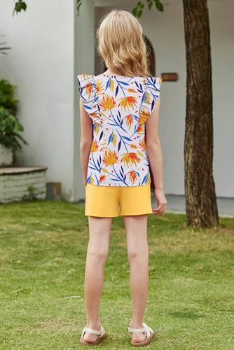 Image of Arshiner Girls Clothes Summer Outfits Ruffle Sleeve Tops and Paperbag Waist Shorts with Pockets Kids Clothing Set