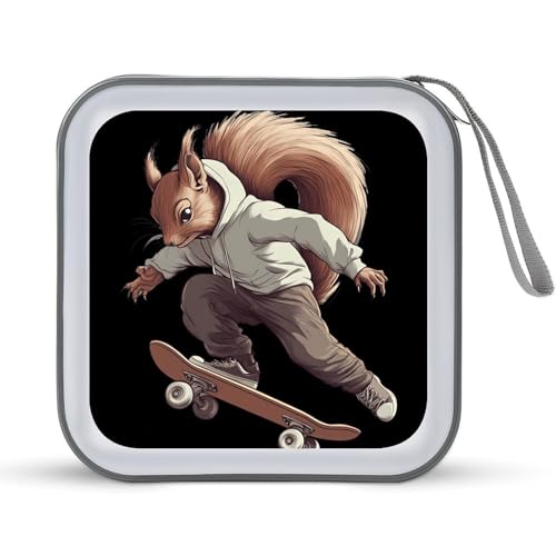 Funny Squirrel Skateboard Skater CD Case Plastic DVD Case Holder Wallet Disc Storage Organizer for Car Travel