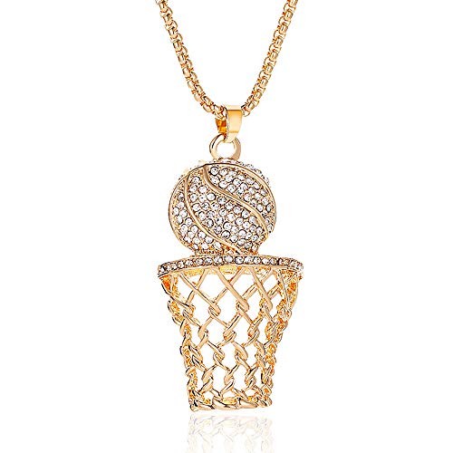 Basketball Chain Necklace Basketball Necklace,14k Gold Basketball Pendant Necklace Hiphop Rhinestone Basketball Hoop Sports Necklace (Gold)