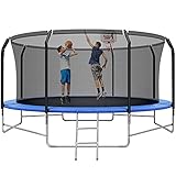 14FT Trampoline with Basketball Hoop, Adult Trampoline with Balance Bar and Safety Enclosure Net, ASTM Approved Outdoor Trampoline for Kids & Adults with Jump Mat, Spring Cover & Ladder