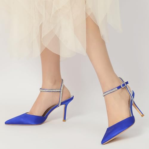 Women's Slingback Buckle Pumps Pointed Toe Satin Sexy Dress Wedding Party Ankle with Rhinestone Strap Bride Stiletto Heels2