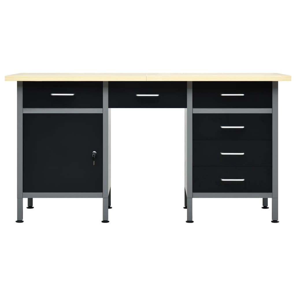 HUAKEHOM Arbeitstisch mit 6 Schubladen 1 Schrank Höhenverstellbare Füße Werkstatt Werkbank Werktisch Packtisch Schwarz 160x60x85cm Stahl
