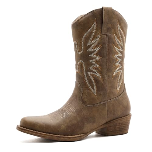 GLOBALWIN Square Toe Black Cowboy Boots For Women Cowgirl Western Boots With Low Heel Size 7.5M