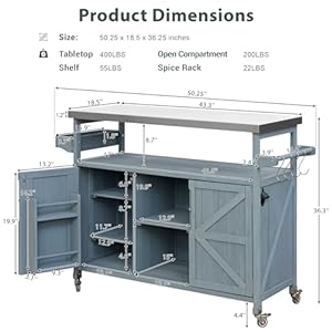 Merax 50" Outdoor Kitchen Grill Cart Island on Wheels with Stainless Steel Top,Farmhouse Solid Wood Frame Storage Cabinet for Backyard,Grey Blue Merax 50 Outdoor Kitchen Grill Cart Island on Wheels with Stainless Steel TopFarmhouse Solid Wood Frame Storage Cabinet for BackyardGrey Blue