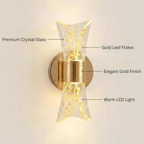 Image of fizzytech Modern Crystal LED Wall Light, Gold Finish Decorative Wall Lamp with 3 Colour Changing Modes for Living Room, Bedroom & Home Decor, Pack of 2