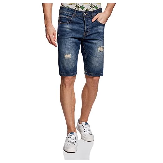 oodji Ultra Hombre Pantalones Cortos Vaqueros con Agujeros, Azul, 38