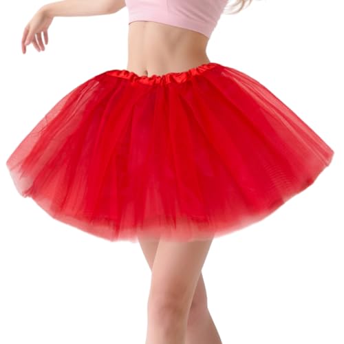 Tüllrock Damen Tutu Rot- Klassisch Elastisch 4 Lagig Tüllrock 80er Rock Tütü Damen Kurz Teen Dance Dress Up Party Cosplay Zubehör Vintage Ballett...