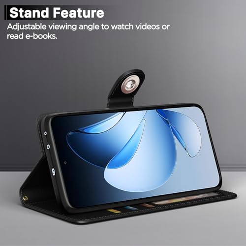 Image of Pikkme Flip Cover Leather Finish | Inside TPU with Card Pockets | Wallet Stand and Shock Proof | Complete Protection Button Flip Case for Oppo Reno 13 5G(Black)