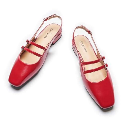 C.Paravano Slingback Flats for Women | Mary Jane Flats | Womens Sandals | Square Toe Shoes(Size 9.5,Red)